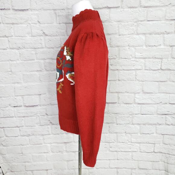 Vintage Red Puff Sleeve Sweater High Neck Button Detail Teapot Cottagecore Sz S - Picture 9 of 14